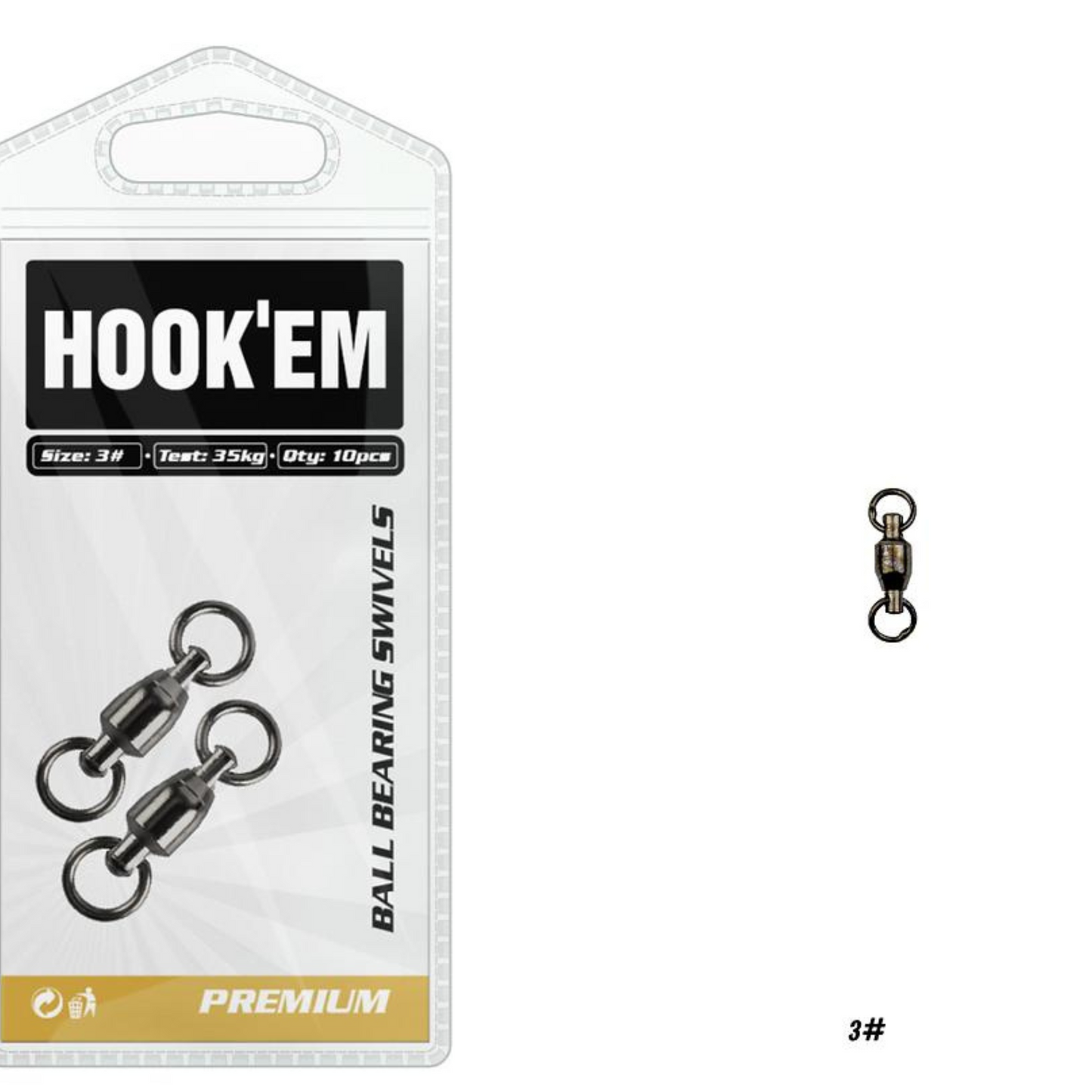 Hook'Em Swivel with two Solid Rings 10pc Size 3 Test 35kg (Swivel)