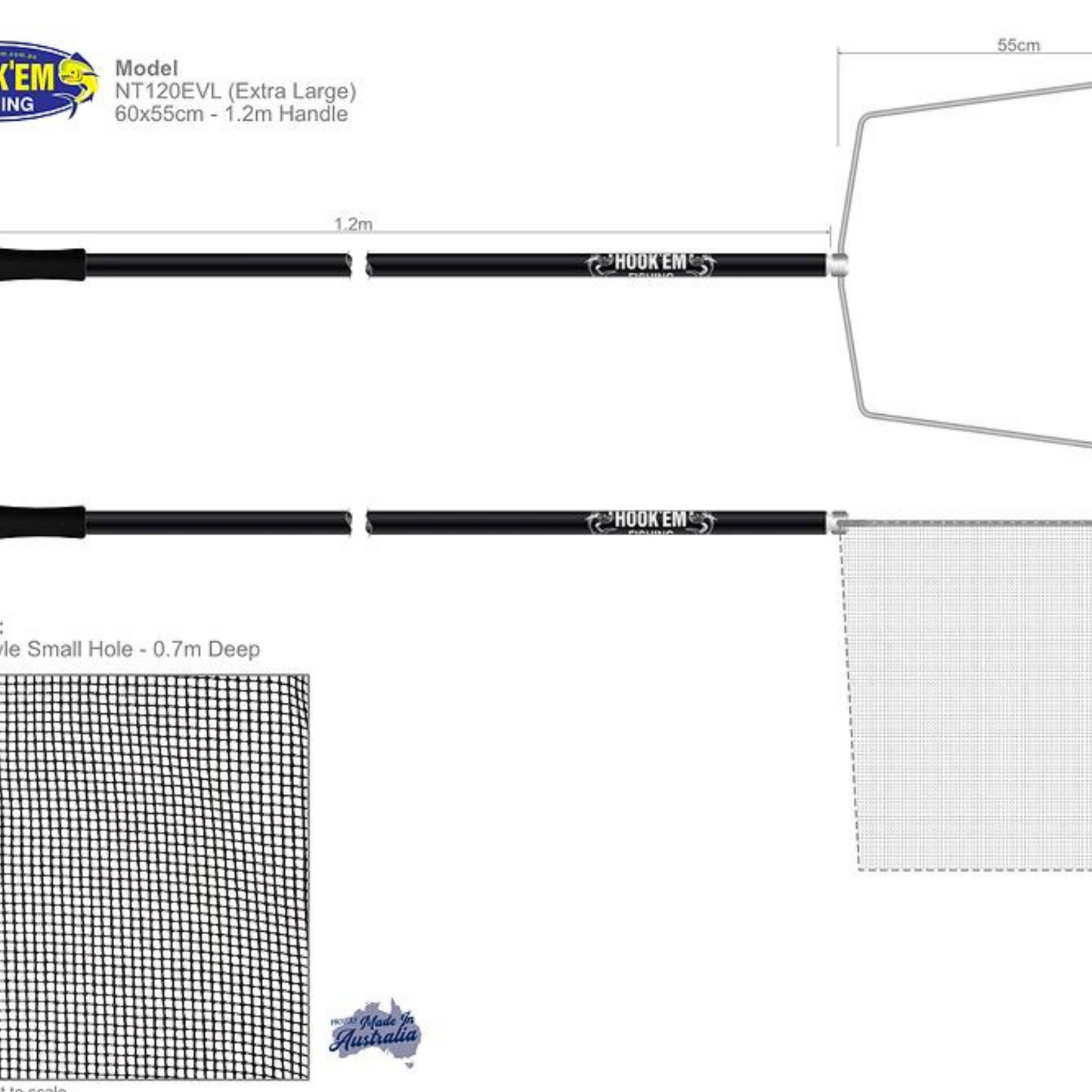 HookEm'  NT120EVL - 60x55cm - 1.2m - Enviro Style Small Hole - 1 Piece Handle