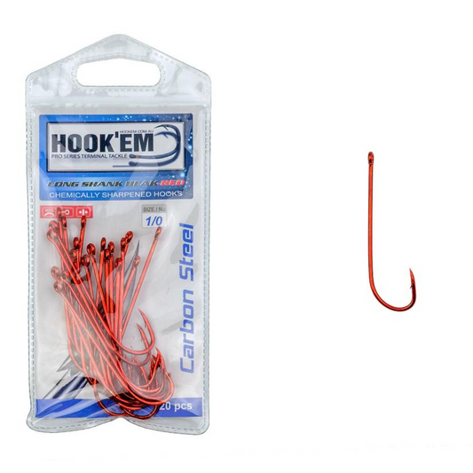 Hook'Em Long Shank Beak 20pc Size 1/0 Carbon Steel Red (Hook)